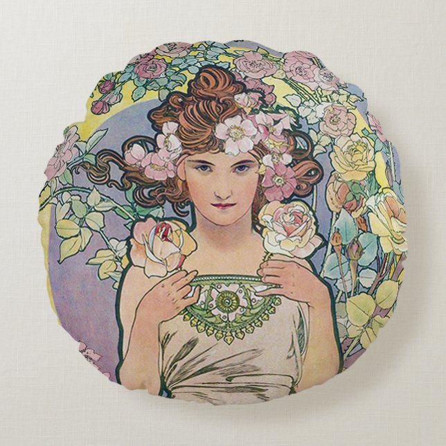 Rose (Four Flowers), Alphonse Mucha Throw Pillow (Front)