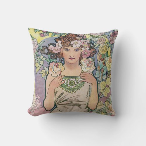 Rose Four Flowers Alphonse Mucha Throw Pillow