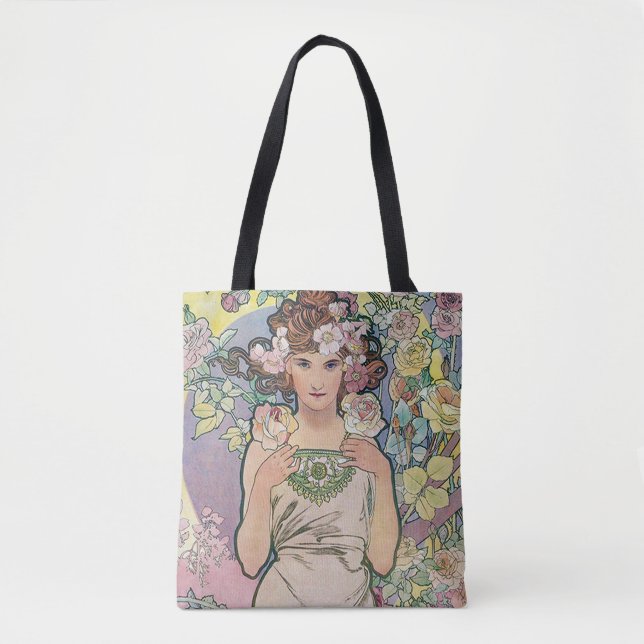 Rose (Four Flowers), Alphonse Mucha Tote Bag (Front)