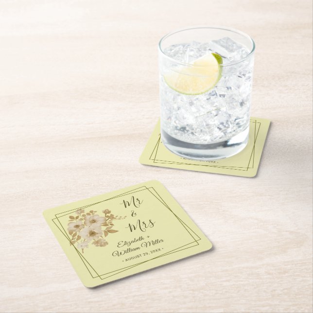 Rose Frame – Celestial Yellow Wedding Square Paper Coaster (Insitu)