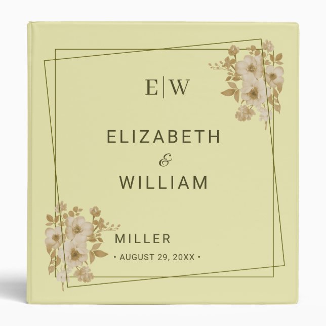 Rose Frame – Monogram Celestial Yellow Wedding 3 Ring Binder (Front)