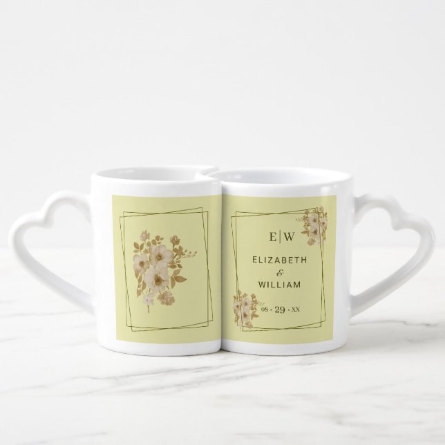 Rose Frame – Monogram Celestial Yellow Wedding Coffee Mug Set (Back Nesting)