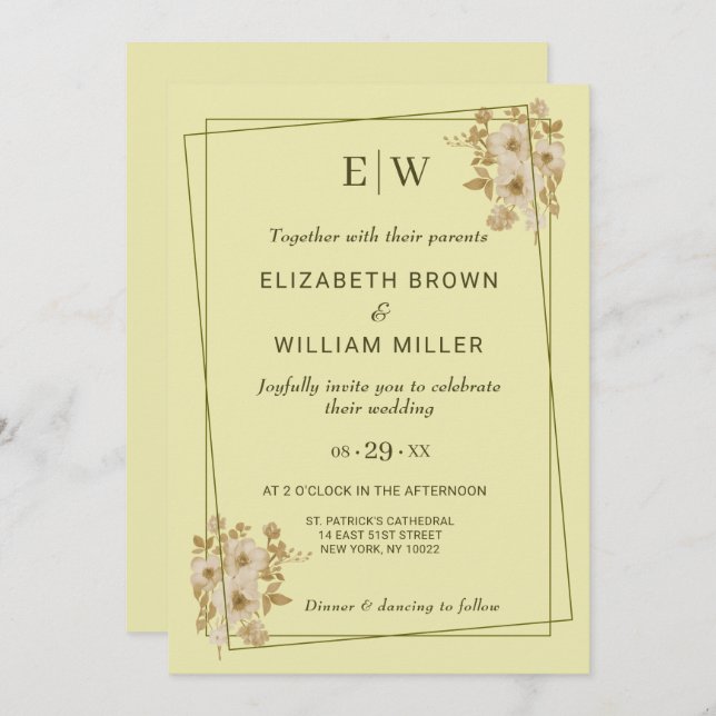 Rose Frame – Monogram Celestial Yellow Wedding Invitation (Front/Back)