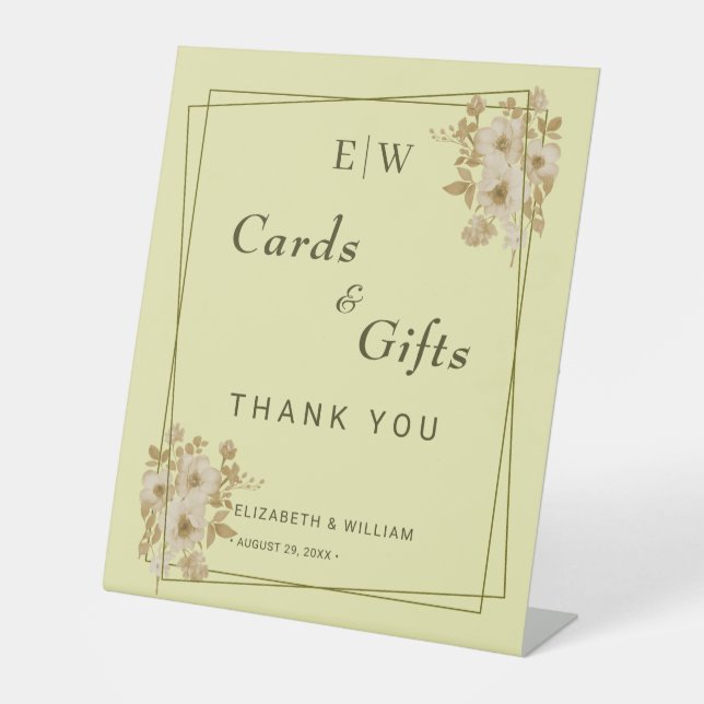 Rose Frame – Monogram Celestial Yellow Wedding Pedestal Sign (Front)