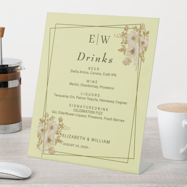 Rose Frame – Monogram Celestial Yellow Wedding Pedestal Sign (In SItu)