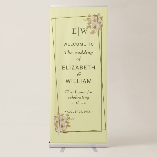 Rose Frame – Monogram Celestial Yellow Wedding Retractable Banner (Front)