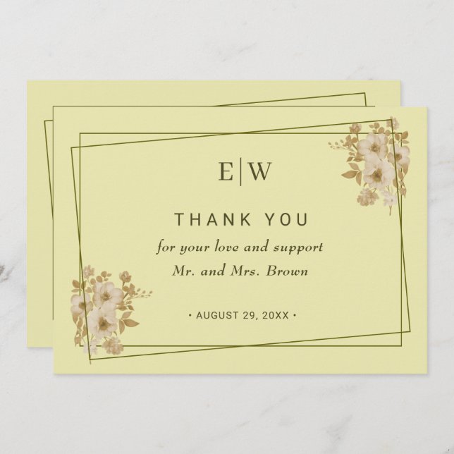 Rose Frame – Monogram Celestial Yellow Wedding Thank You Card (Front/Back)