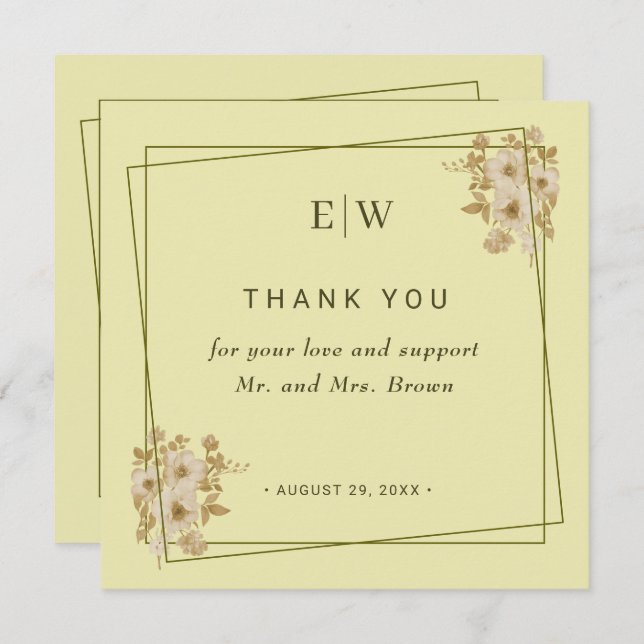 Rose Frame – Monogram Celestial Yellow Wedding Thank You Card (Front/Back)