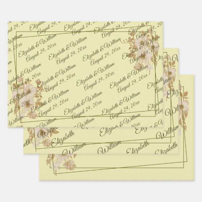 Rose Frame – Monogram Celestial Yellow Wedding Wrapping Paper Sheets (Set)