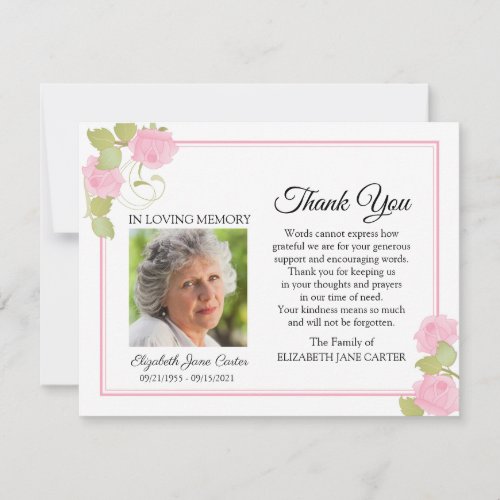 Rose Funeral Thank You Photo Note Card Pink