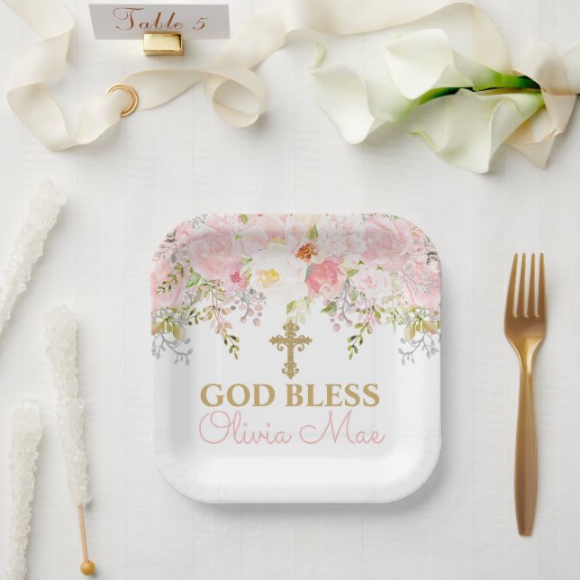 Rose Garden Baptism Personalized Paper Plates (Wedding)