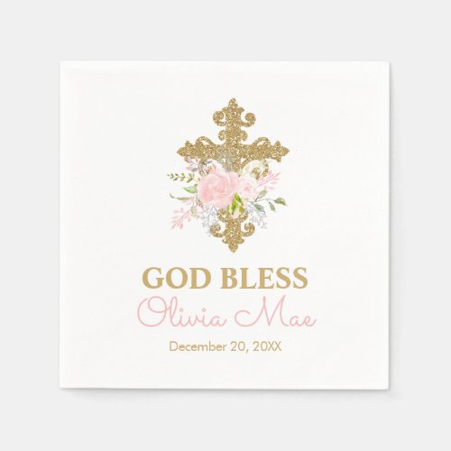 Rose Garden Baptism Pink and Gold Personalized Napkins
