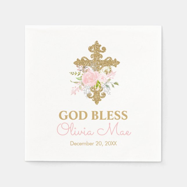 Rose Garden Baptism Pink and Gold Personalized Napkins (Front)