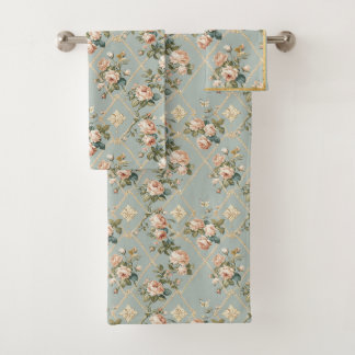 Rose Garden Bath Towel Set Teal Green Blush 