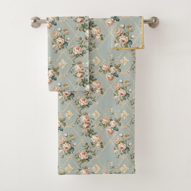Rose Garden Bath Towel Set Teal Green Blush  (Insitu)