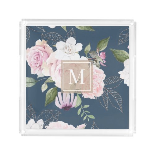 Rose Garden Blue  Monogram Acrylic Tray