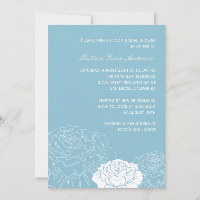 Rose Garden Bridal Shower Invitation - Soft Blue (Front)