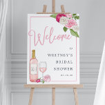 Rosé Garden | Bridal Shower Welcome Sign<br><div class="desc">Colorful bridal shower welcome sign for wine lovers features accents of roses in pink and ivory with lush greenery peeking out, and a bottle and glass of rosé wine. Personalize with your bridal shower event name and date in elegant blush and gray-blue typography accented with handwritten style calligraphy, and customize...</div>