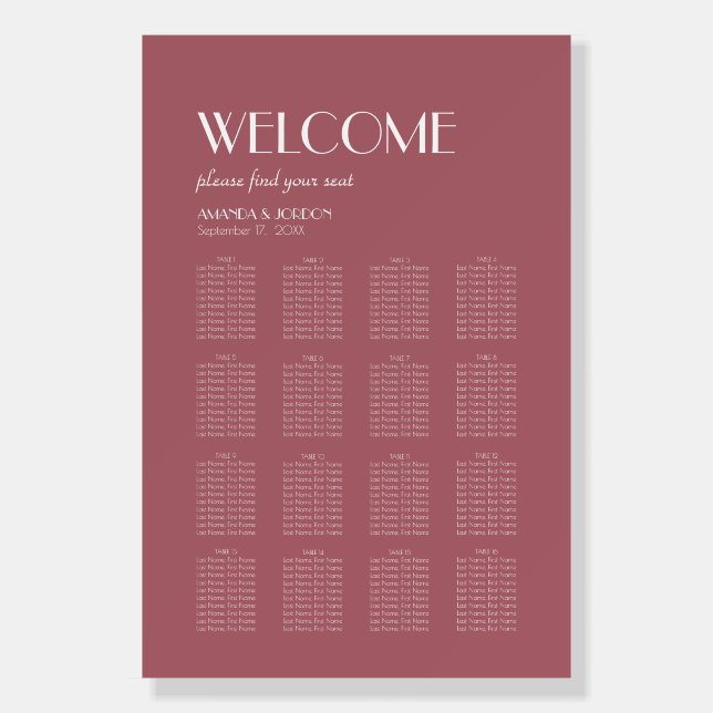 Rose Garden | Dark Rose Seating Chart Welcome Sign (Front)