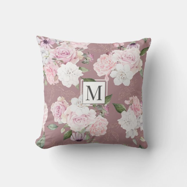 Rose Garden Elegant Floral Monogram Throw Pillow (Front)