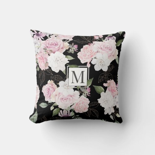 Rose Garden Elegant Floral Monogram Throw Pillow
