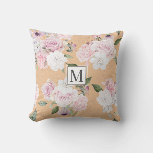 Rose Garden Elegant Floral Monogram Throw Pillow
