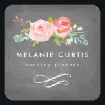 Rose Garden Floral Chalkboard Business Square Sticker<br><div class="desc">Chalkboard and pink florals.</div>