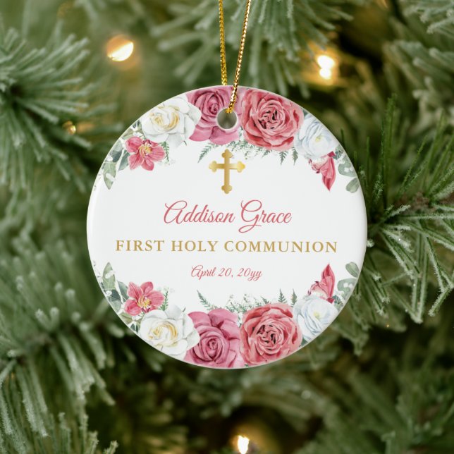 Rose Garden Floral Girl Photo First Holy Communion Ceramic Ornament (Tree)