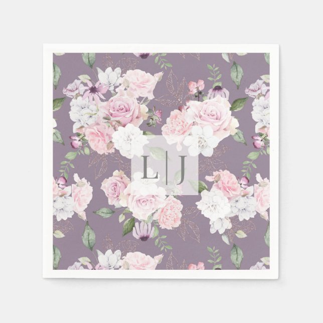 Rose Garden floral Monogram Paper Napkin (Front)