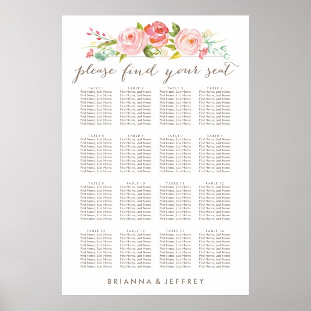 Rose Garden Floral White Seating Chart Poster