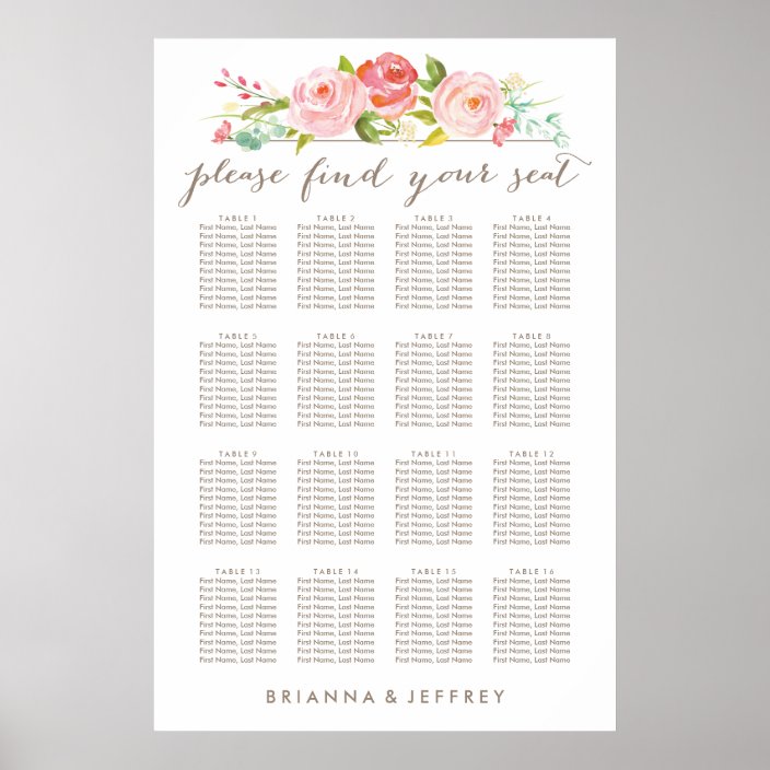 Rose Garden Floral White Seating Chart Poster | Zazzle