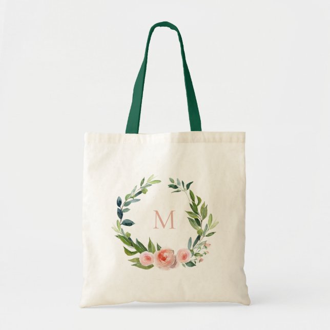 Rose Garden Floral Wreath Monogram Tote Bag (Front)