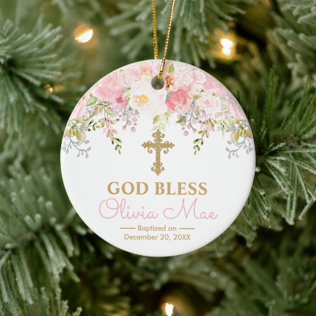 Rose Garden Girl Baptism God Bless Photo Ceramic Ornament (Tree)