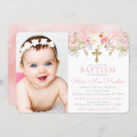 Rose Garden Girl Baptism Photo Invitation