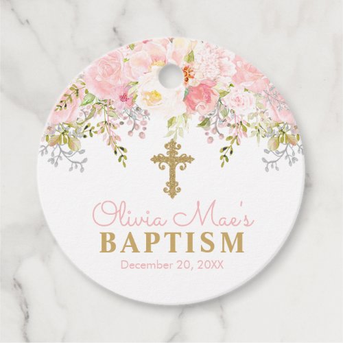 Rose Garden Girl Baptism Pink  Gold Favor Tags