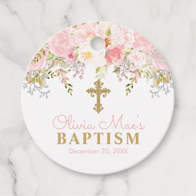 Girl Baptism Elegant Personalized Round Circle Gift Tags Pink & Gold Damask 24-Pack Custom Name 