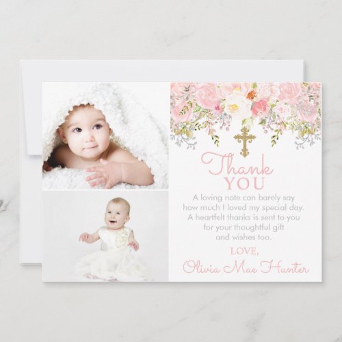 Rose Garden Girl Baptism Two Photo Thank You Card