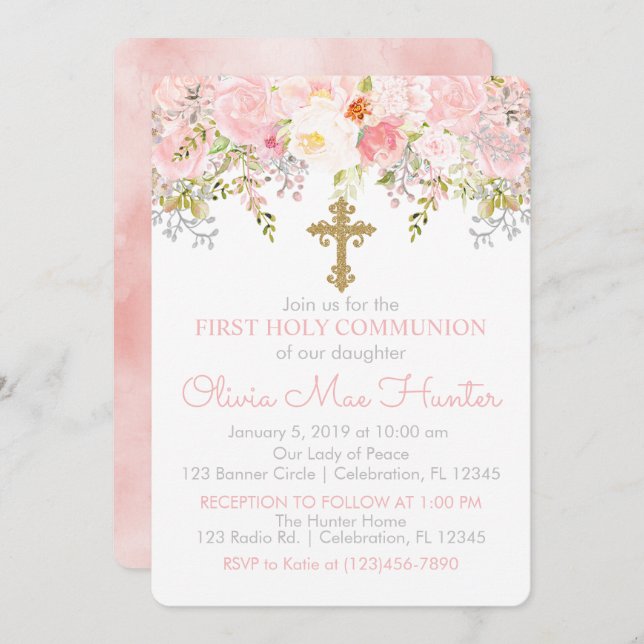 Rose Garden Girl First Holy Communion Invitation (Front/Back)