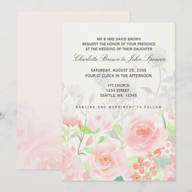 Rose Garden Modern Floral wedding invitations (Front/Back)