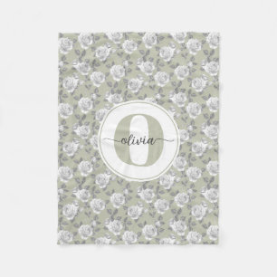 Rose Garden Monogram Sage Green Fleece Blanket