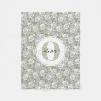 Rose Garden Monogram Sage Green Fleece Blanket