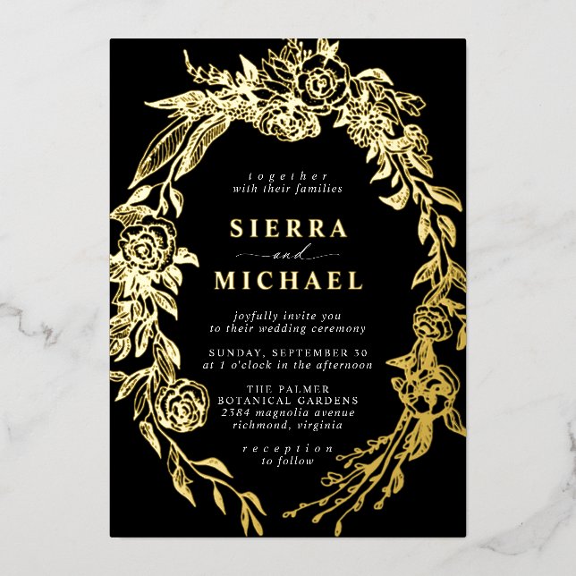 Rose Garden | Moody Modern Gold and Black Wedding Foil Invitation (Front)
