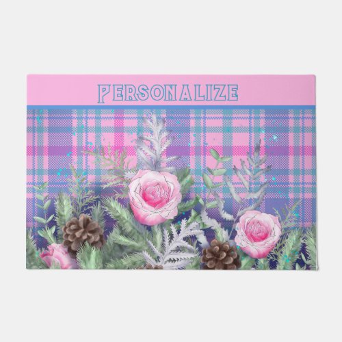 Rose Garden Pine Cones Pink Blue Plaid  Doormat