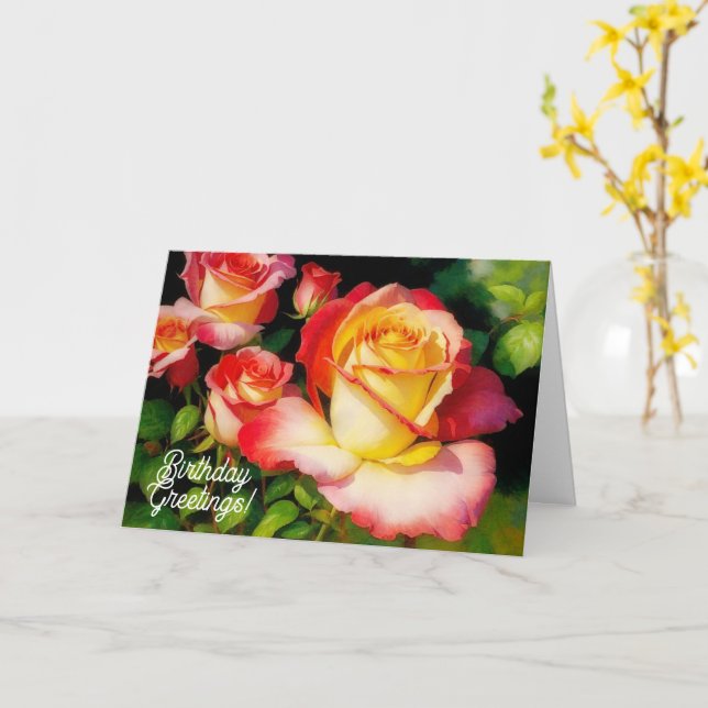 Rose Garden Pink and Yellow Flowers Birthday Card (Yellow Flower)
