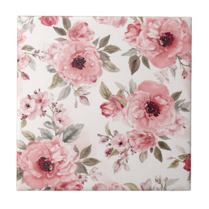 Rose Garden Pink Watercolor Floral Blush Botanical Ceramic Tile