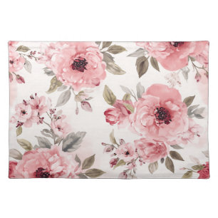 Rose Garden Pink Watercolor Floral Blush Botanical Cloth Placemat