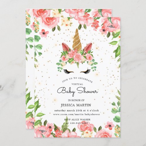 rose garden sleepy unicorn virtual baby shower invitation