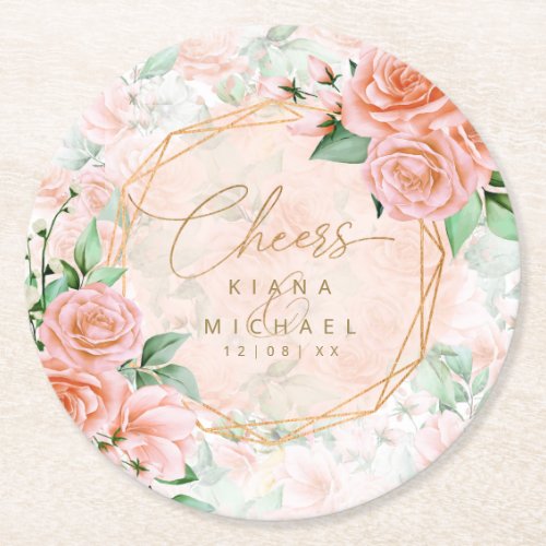 Rose Garden Wedding Cheers Peach ID764 Round Paper Coaster