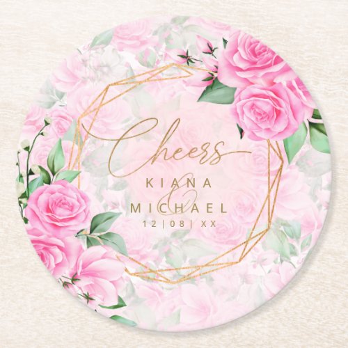 Rose Garden Wedding Cheers Pink ID764 Round Paper Coaster