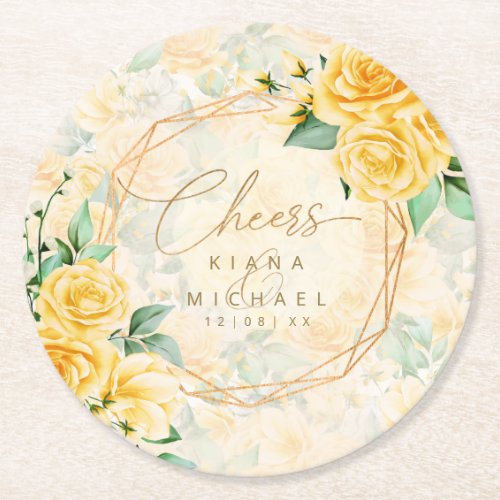 Rose Garden Wedding Cheers Yellow ID764 Round Paper Coaster